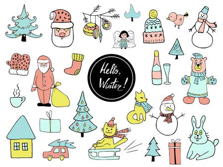 Set of Christmas and New Year doodle holiday characters Santa, bear, snowman, noel, gift, cat on a sled, rabbit, angel, car, cup and other items. Funny cute designのイラスト素材