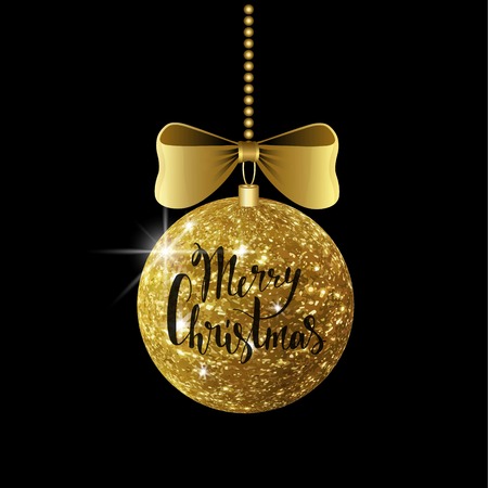 Golden shiny Merry Christmas ball with ribbon and a bow, hand drawn lettering. Isolated on black background. Vector illustrationのイラスト素材