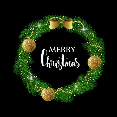 Festive Christmas wreath with gold shiny balls, beads and bow. Hand drawn holiday letteringのイラスト素材