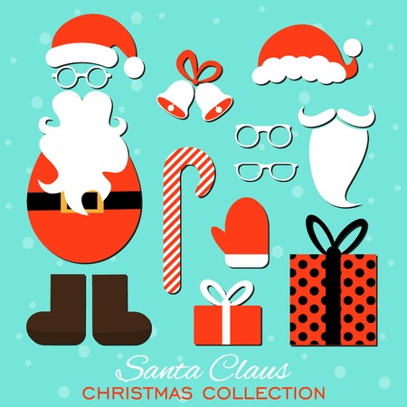 Merry Christmas. Set of various Santa hats, moustache, beards, gifts, boots, gloves and bells isolated on blue backgroundのイラスト素材