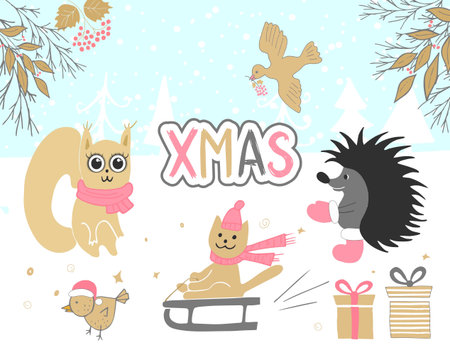 Hand drawn christmas card with cute squirrel, bird, hedgehog, gifts, cat riding a sleigh and other itemsのイラスト素材