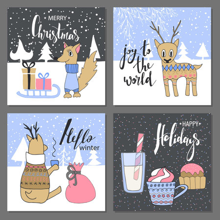 Merry Christmas greeting card set with cute squirrel, deer, candy and other elements. Cute Hand drawn holiday cards and invitations.のイラスト素材