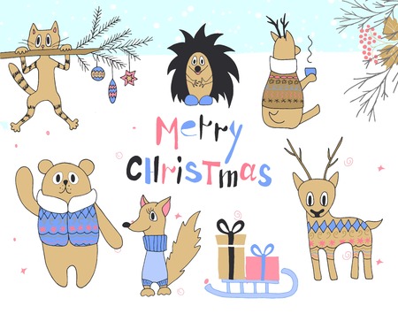 Hand drawn christmas card with cute cat, hedgehog, deer, squirrel, bear in a jacket, sledges with gifts and other itemsのイラスト素材