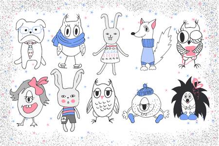 Hand drawn funny animals. Vector collection.のイラスト素材