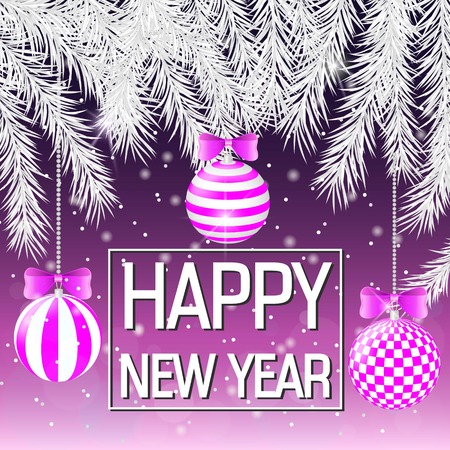 Happy New Year. Silver spruce branches . Pink balls with geometric pattern. Greeting card, banner.のイラスト素材