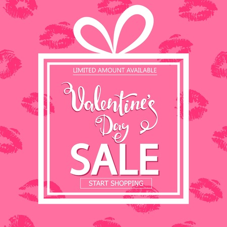 Valentines Day sale. Square banner in form of gift. Lips print on pink backgroundのイラスト素材
