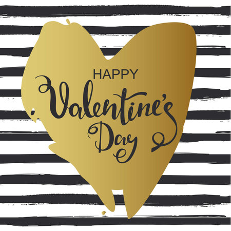 Hand drawn heart on striped background. Valentines day card with gold heartのイラスト素材