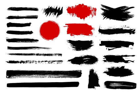 Set of black paint, ink brush strokes, brushes, lines. Dirty artistic design elements, boxes, frames for text.のイラスト素材