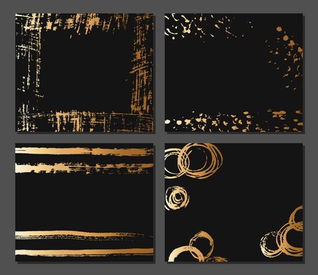 Creative fashion glamour hand drawn calligraphic card set. Vector collection of black, white, gold textured cards. Beautiful posters with geometric shapesのイラスト素材