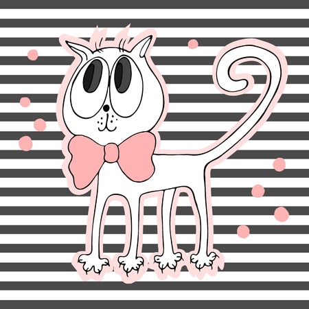 cute cat with bow on striped background vector illustration.のイラスト素材