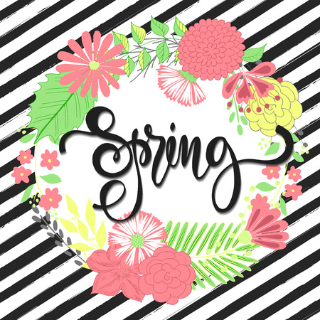Spring background with beautiful flowers. Greeting card with hand drawn lettering.のイラスト素材