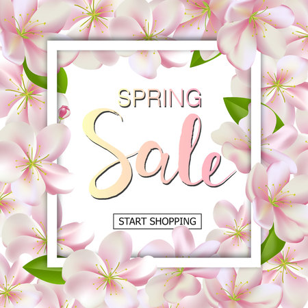 Spring sale background with flowers. Season discount banner design with cherry blossoms and petalsのイラスト素材