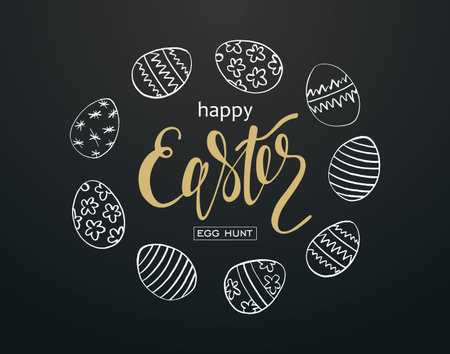 Happy Easter text lettering on black background. Paschal holiday card with hand drawn eggsのイラスト素材