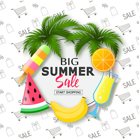Big summer sale banner. Exotic tropical background with place for text, flowers, sunglasses, watermelon, camera and summer cocktail.のイラスト素材