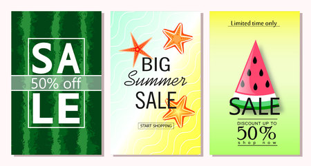 Set of summer sale banner templates. Vector illustrations for website and mobile website banners, posters, email and newsletter designs, ads, coupons, promotional material.のイラスト素材