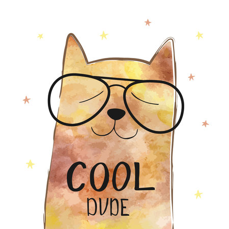 Vector illustration with funny cat in a glasses. Cute typography poster with lettering - cool dude. Hipster style design. Print on t-shirt.のイラスト素材