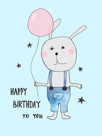 Hand drawn rabbit with balloon with hand drawn lettering happy birthday. Can be used for t-shirt designのイラスト素材