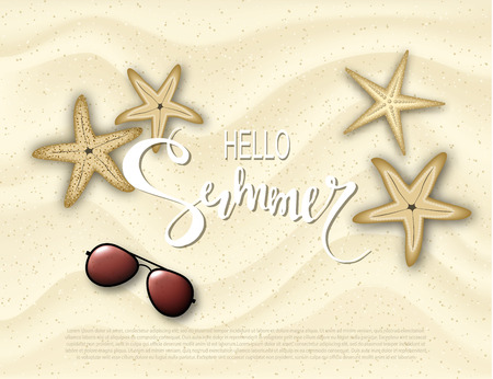 Hello summer. Background with starfish and sunglasses on the sand. Vector illustration eps 10 format. Vector illustration template, banners. Wallpaper, flyers, invitation, posters brochureのイラスト素材