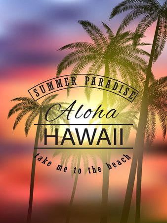 Aloha hawaii. Summer tropical background with palms, sky and sunset. Vector illustration eps 10 format. Vector illustration template, banners. Wallpaper, flyers, invitation, brochureのイラスト素材