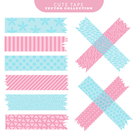 Set of blue and pink washi tape with variant patterns. Vector illustration.のイラスト素材