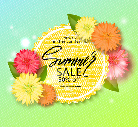 Summer sale banner, poster with beautiful flowers and handwriting lettering. Vector illustration EPS10のイラスト素材