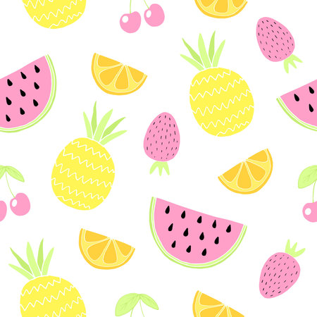 Seamless pattern with fruits. Cute summer background. Vector illustration