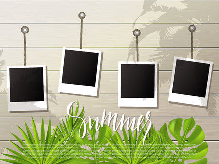 Summer background .Set of photo frames on the rope. Wooden wall and tropical plants, leaves. Vector illustrationのイラスト素材