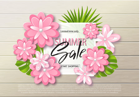 Summer sale banner, poster with beautiful flowers, plants, leaves and drops on wooden board . Vector illustrationのイラスト素材