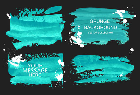 Vector blue watercolor brush stroke and white blots collections isolated on black background. Hand drawn elements for your designのイラスト素材