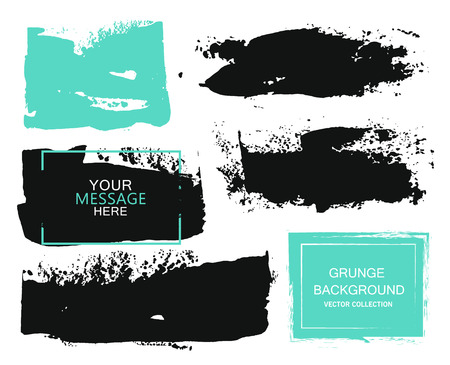 Set of black and turquoise paint, ink brush strokes, brushes, lines. Dirty artistic design elements, boxes, frames for textのイラスト素材