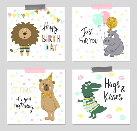 Happy birthday greeting cards and party invitation templates with cute animals.Vector illustrationのイラスト素材