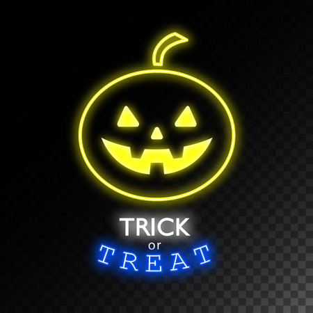 Pumpkin neon sign.Trick or treat. Halloween bright signboard, light banner. Logo, label, emblem. Vector illustration.のイラスト素材