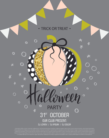 Happy Halloween. Invitation to party with cute glamorous sparkling pumpkin. Vector illustration. Design for greeting cards, banners, posters,ads, coupons, promotional materialのイラスト素材