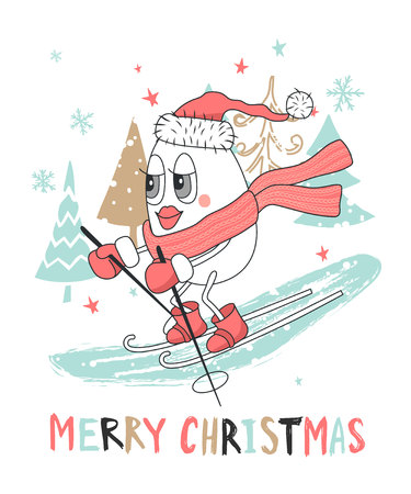 Cute Christmas greeting card with snowman skiing.Vector illustrationのイラスト素材