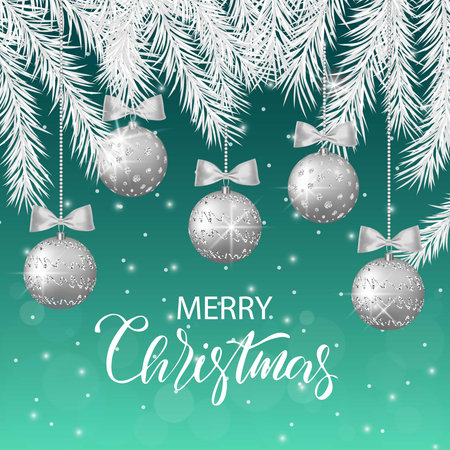 Merry Christmas and Happy New Year background for holiday greeting card, invitation, party flyer, poster, banner. Silver shiny tree balls, white fir branches and snowflakes. Vector illustrationのイラスト素材