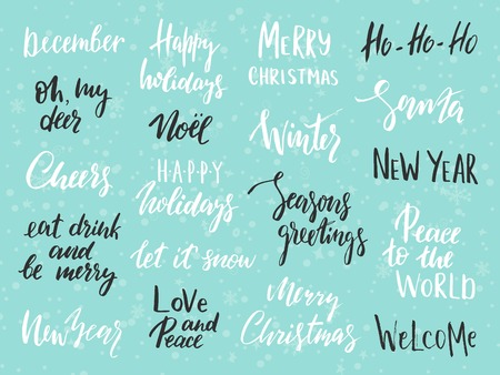 Set of Merry Christmas text, hand drawn lettering and Happy New Year typography design. For cards, invitations, posters and emblems.のイラスト素材