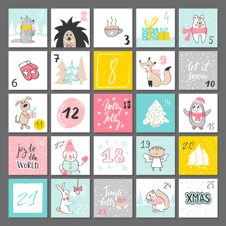 Christmas advent calendar, hand drawn style. Vector illustrationのイラスト素材