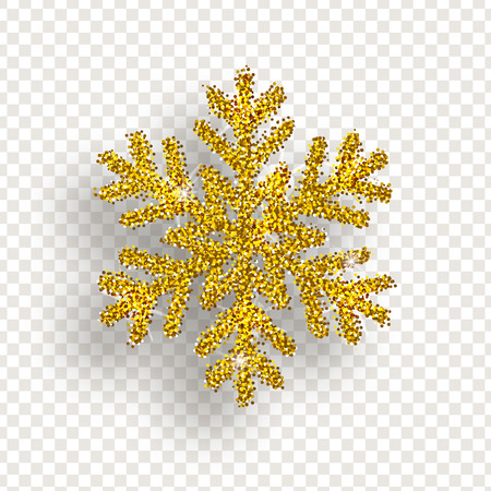 Golden snowflake with bright glitter on transparent background. Christmas decoration, vector illustration.のイラスト素材