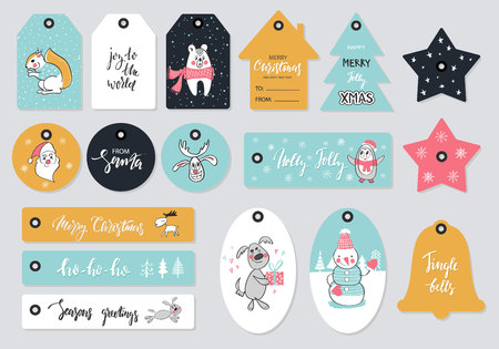 Set of Christmas tags with hand drawn decoration elements. Vector illustrationのイラスト素材