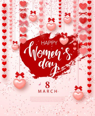 8 March Happy Womens Day Festive Card. Beautiful Background with garland of hearts and bows. Vector illustration for website , posters, ads, coupons, promotional material.のイラスト素材