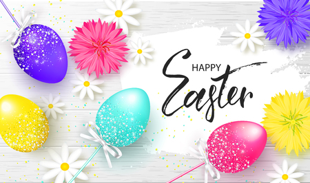 Happy Easter background with beautiful colorful eggs and flowers on wooden texture. Egg hunt. Vector illustration. Design layout for invitation, card, menu, banner, poster, voucherのイラスト素材