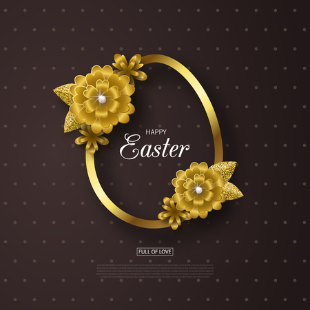 Happy Easter background with Golden frame and flowers. Design layout for invitation, card, banner, poster, voucher. Vector illustration.のイラスト素材