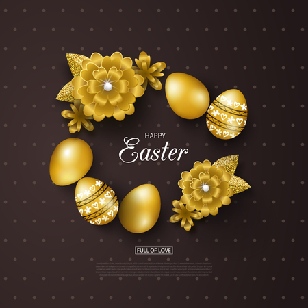 Happy Easter background with Golden eggs and flowers.のイラスト素材