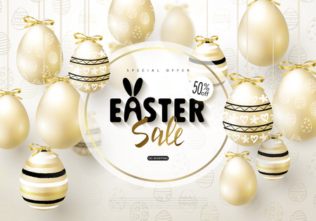 Happy Easter sale banner.Background with realistic golden shine decorated eggs. Vector illustration for posters, coupons, promotional material, ad, promotion, banner, poster, voucher.のイラスト素材