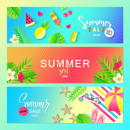 Summer sale. Vector set horizontal banners with summer elements. Backgrounds for posters, email and newsletter designs, ads, coupons, promotional materialのイラスト素材