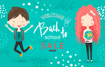 Back to school sale vector background with students. Vector illustration for website , posters, email and newsletter designs, ads, coupons, promotional material.のイラスト素材