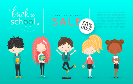 Back to school sale vector background with schoolchildren. Vector illustration for website , posters, email and newsletter designs, ads, coupons, promotional material.のイラスト素材