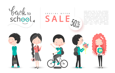 Back to school sale vector background with schoolchildren. Vector illustration for website , posters, email and newsletter designs, ads, coupons, promotional materialのイラスト素材