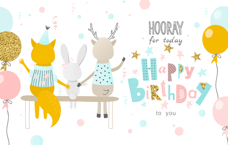 Hooray for today Happy Birthday to you. Greeting card with funny Fox, hare ,deer and balloons.Banner, poster,invitational. Vector illustration.のイラスト素材