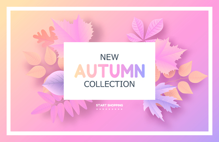 Trendy autumn background with leaves. Gradient leaf coloring. Sale banner template Fall seasonal poster or card. Vector illustration.のイラスト素材